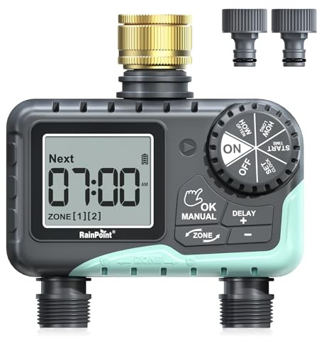 RAINPOINT Water Timer 2 Outlets, IP65 Waterproof Garden Hose Irrigation Timer with Brass Inlet, Rain Delay/Manual Watering, Automatic Watering System for Garden, Yard, Lawn, 2 Zone