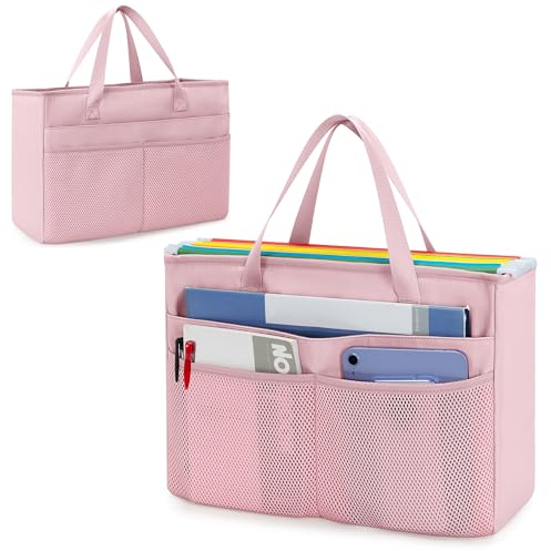 Prokva Portable File Organiser Tote Bag with Handle, Hanging Filing Storage Box for Legal Size File Folder, Document Organizer for Home Office School Supplies, Pink