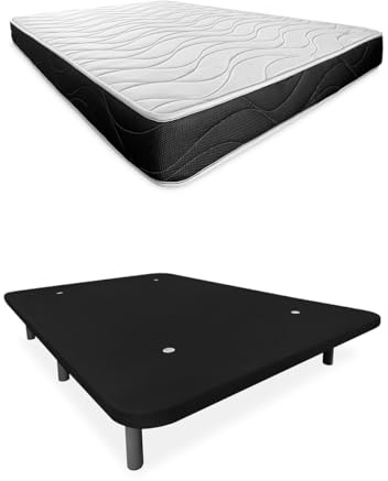 Somnia Descanso - Cama Completa con Colchón Bombay Reversible + Base Tapizada Extra Reforzada con 6 Patas Cilíndricas Metálicas Roscadas, 135 x 190, Negro