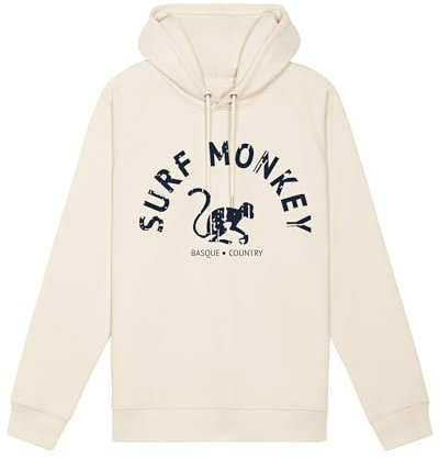 Surf Monkey Hoodie Ökologisches Sweatshirt mit Kapuze für Herren/Damen, Bio-Baumwolle, Gots, cremefarben, Large
