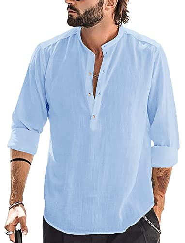Runcati Camicia da uomo in cotone e lino, a maniche lunghe, con colletto alto, da spiaggia, elegante, Blu, M