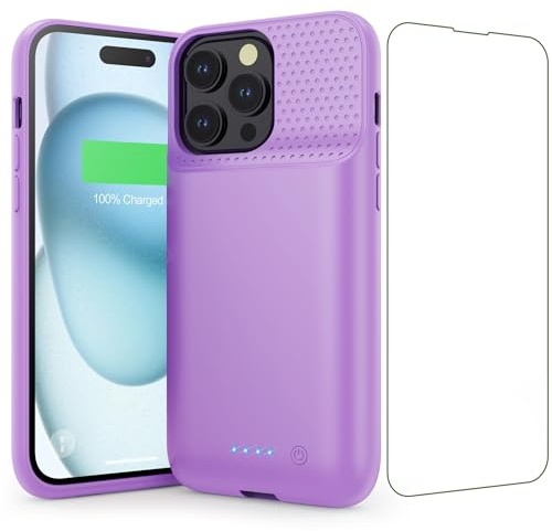 Feob Funda Batería para iPhone 15 Pro Max,【15W Carga Rápida & Potente】8600mAh Funda Cargador Portatil Carcasa Batería Recargable Ultra Capacidad Batería Externa para iPhone 15 Pro Max [6,7] - Púrpura