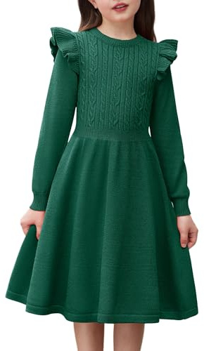 Arshiner Vestido de suéter para niña, Vestido de otoño e Invierno, Vestido de Punto de Manga Larga, Corte en A, Monocolor, Vestido Informal Festivo para niños, Verde, 12