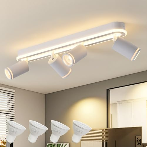 SANSHI Faretti da Soffitto Orientabili Interno LED 4 Luce,Faretti da Parete con Inferiore 36W+4x5W,GU10 Lampadario Faretti,Moderna Plafoniera Faretti Bianco Caldo 3000K per Cameretta Cucina,Bianco