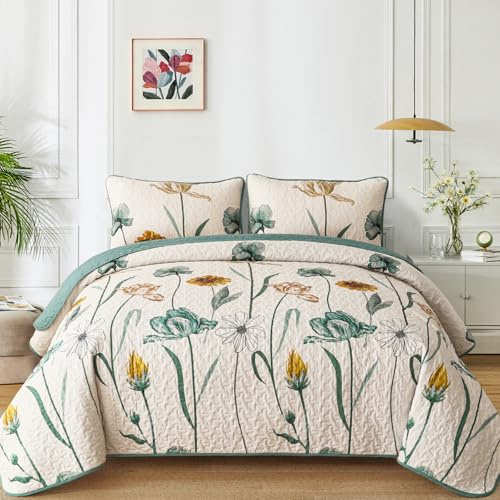 WONGS BEDDING Floral Quilt Set King,Green Yellow Printed Botanical Bedspread Bedding Set with 2 Pillowcase,Spring Summer Lightweight Farmhouse Coverlet Set for All Season (104x90)