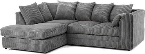 New Gamzo Fabric Corner Sofa Silver | Soft Jumbo Cord 3-4 Seater Corner Sofa Left/Right Hand Facing) (Charcoal Grey, Left Hand Facing)