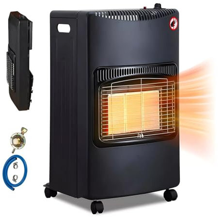 Avilia Stufa Pieghevole a Gas GPL con 3 Livelli di Potenza 4,2Kw - Stufetta Riscaldante per Ambienti Interni, con Vano Portabombola e Protezione Surriscaldamento - Facile da Spostare con Ruote NERA