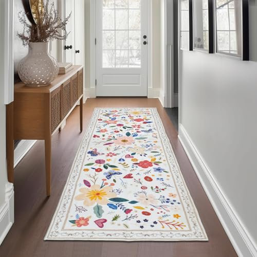 Avezano Carpet Runner for Hallway Non Slip 60x182cm Machine Washable Kitchen Laundry Room Floral Area Rug Runner Floor Door Mat Runner for Hallway Entryway Kitchen Laundry Room (Beige)