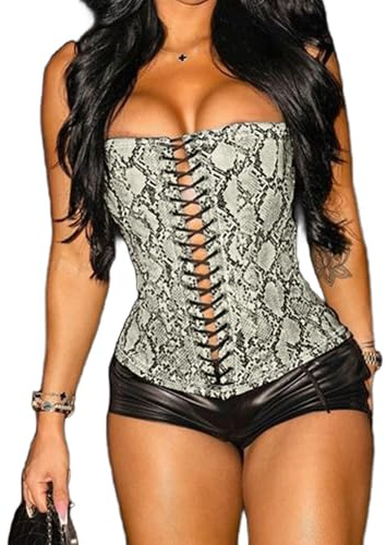 Molilove Womens Faux Leather Top Sexy Animals Print Bustier Corset Strapless Bandeau Sleeveless Party Crop Tube Top Black