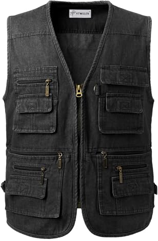 KTWOLEN Gilet en Jeans pour Homme Poids Lourd Gilet en Denim de Travail Vintage Veste de Denim Sans Manches Multi Poches Gilet de Moto