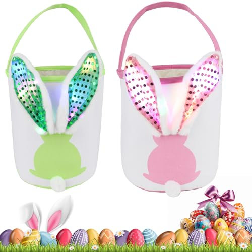 KBIBCK Osterkörbchen Mit Henkel, 2 Pcs Osterkörbchen Kinder, Osterhasen Taschen, Osterdekoration Leuchtend, Osterkörbchen Kinder Mit Ohren für Ostereiersuche für Kinder Ostergeschenk