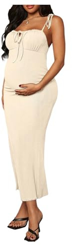 OYOANGLE Women's Maternity Drawstring Front Cami Dress Ribbed Knit Bodycon Midi Dresses Apricot X-Large