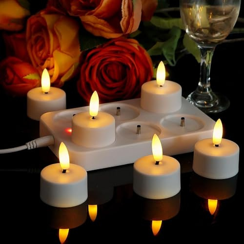 JOAASU 6 Pack Rechargeable Tea Lights, LED Tea Lights with Remote Timer, Rechargeable Candles with Charging Base and USB Cable, LED Tealight Candles for Christmas, Halloween, Party, Home Decor