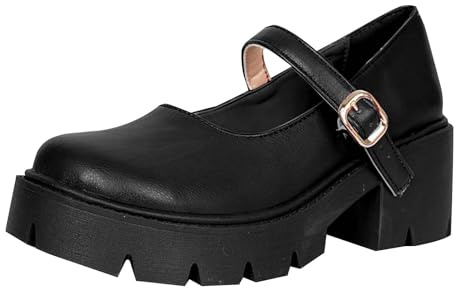 New UK 4 Women's Chunky Platform Mary Janes Shoes Retro Buckle Strap Fashion Loafers Lug Sole Slip On Round Toe Mid Heel Chunky Pumps for Uniform Graduation School Work Gift Footwear Black