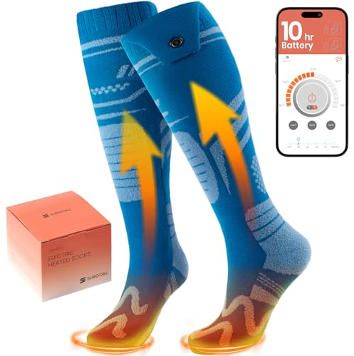 SURGOAL Merino Wool Heated Socks, 7.4V Rechargeable Battery Up to 10-Hour, APP-Controlled Electric Ski Socks for Men Women, Snowboarding, Hunting, Camping (Blue)