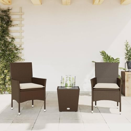 Ziaphsol Ensemble bistro 3 pièces avec coussins marron en polyrotin robuste et verre résistant aux UV pour jardin, balcon, terrasse