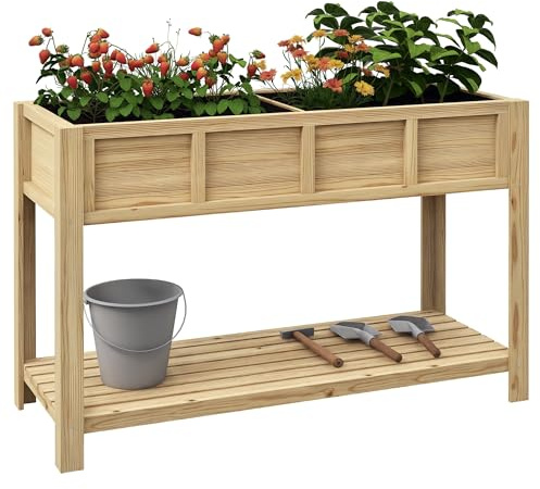 Outsunny Letto per Orto Rialzato a 2 Scomparti e Mensola Inferiore a Doghe, Fioriera Rialzata da Esterno in Abete con 2 Fori di Drenaggio, 115x46x75 cm, Color Legno