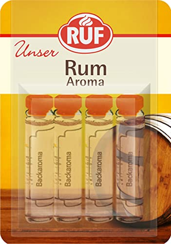 RUF Backaroma Rum, 4 Fläschchen Rumaroma zum Backen für Torten-Boden, Biskuit-Teig oder weihnachtliches Gebäck, tröpfchenweise dosierbar