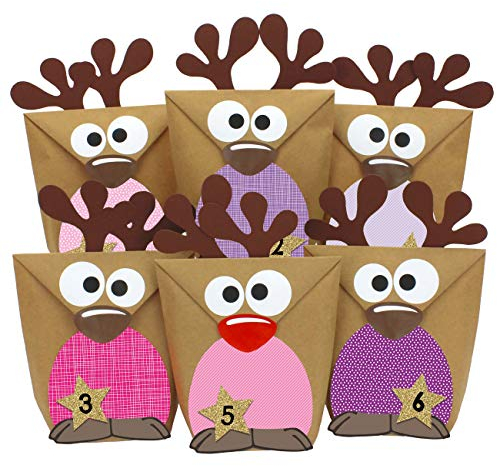 Papierdrachen DIY Adventskalender 2024 zum Befüllen - Rentiere mit rosa farbigen Bäuchen zum selber Basteln - 24 Tüten zum individuellen Gestalten und zum selber Füllen - Weihnachten für Kinder