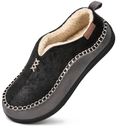 EverFoams Men's Micro Suede Memory Foam Moccasin Slippers with Fuzzy Sherpa Lining and Anti-skid Sole Black Size 10 UK