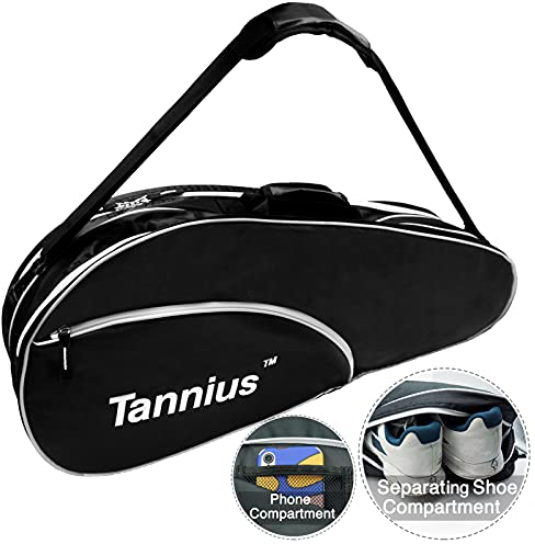 Tannius 3-5 Schläger-Tennistasche, mit Schuh- und Handyfach und Schutzpolster, super geräumige und leichte Schlägertasche für Tennis, Badminton (schwarz)