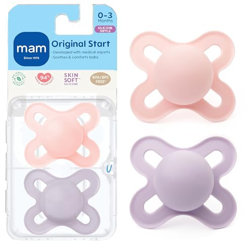 MAM Original Start Matte Baby Pacifiers, Binky for 0-3 Months, BPA-Free Silicone Nipple, Easy to Clean, Best for Newborn Babies, Developed with Medical Experts, 2 Count Binkies with Sterilizer Case