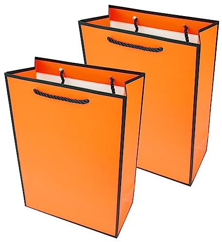 PACK4YA Sacchetti regalo di carta con nastro fiocco, sacchetto regalo con manico per compleanno, matrimonio, festa di Natale, shopping, baby shower, 20 x 10 x 28 cm (arancione, cornice nera, 2 pezzi)