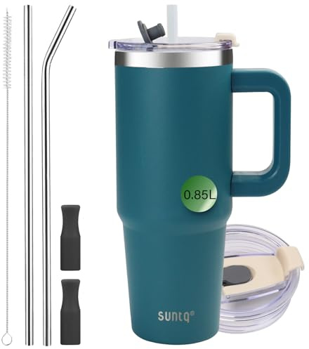 SUNTQ 850ml/30oz Tumbler mit Griff, Doppelwandige Vakuum Isolierte Wasserflasche mit Stroh und Deckel, Edelstahl Reise Kaffeebecher, Thermische Tasse für Getränke, Fit in Becherhalter(Blau)