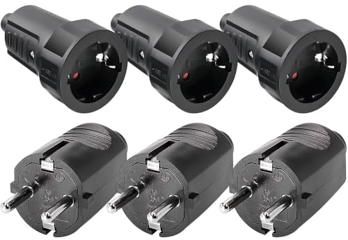 Fivtsme 3 Paar Schuko Stecker Kupplung, 250V 16A IP44 Schutzkontaktstecker, Schukostecker und Schukokupplung, Schuko Stecker, Schuko Stecker Aussenbereich mit Knickschutz, 2-polig