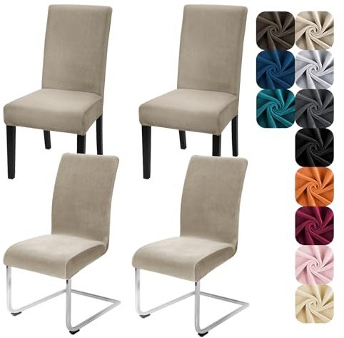 Alishomtll Dining Chair Covers Set of 4 Stretch Velvet Chair Covers for Dining Chairs Elastic Removable Chair Slipcovers Reusable Washable Chair Protector for Hotel Banquet Ceremony (Champagne, 4pcs)
