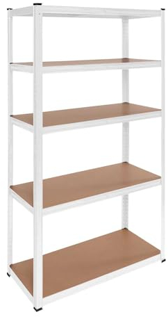 OcioDual Schwerlastregal 180x90x40cm Weiss Essential, Haushaltsregal, Kellerregal, Standregal, Metallregal, Regal Keller, Regale für Kellerraum, Küchen Organizer Regal, 875kg, 5 MDF