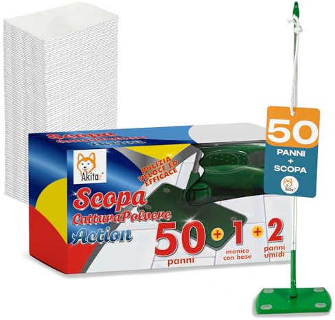 Akitaink Kit Scopa Con 1 Manico + 50 panni Panni Di Ricambio, per catturare e Intrappolare la polvere + 2 panni umidi per lavare - Pulizia Profonda e Senza Sforzo