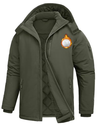 TOMEEK Giacca Invernale Uomo Softshell Antivento Giubbotto Inverno Calda Cappuccio Outdoor Casual Cappotto con Cappuccio e Tasche per Caccia Trekking Lavoro Trapuntata(Verde militare,XL)