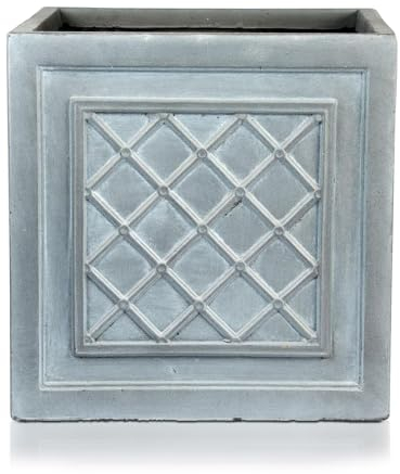 IDEALIST 37cm Square Planter | Lattice Grey Reinforced Stone Heritage Style Lazio Garden Planter with Drainage Holes H38 L37 W37 cm, 38 litres