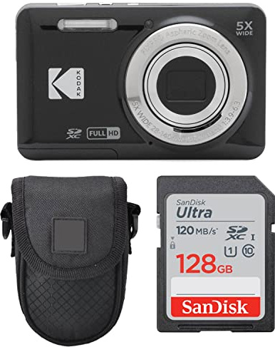 Kodak PIXPRO FZ55 Digital Camera (Black) + Point & Shoot Camera Case + Sandisk 128GB SDXC Memory Card