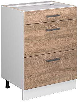 Vicco Mobiletto base per cucina R-Line, Sonoma, 60 cm con cassetti, senza piano di lavoro, per la libera combinazione all'interno di sistemi cucina modulari