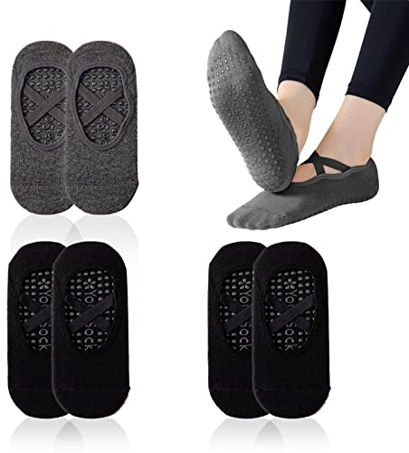 NITAIUN 3 Paia Calze Yoga, Antiscivolo Calze Donna Calze Yoga Pilates Calze di Cotone per Sbarra Balletto Danza Allenamento a Piedi, Taglia Unica Grigio Nero (Grigio, Nero)