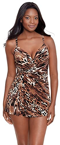 Miraclesuit Women's Swimwear Ocicat Adora Tummy Control Underwire Bra One Piece Swimdress, Black/Multi, 08