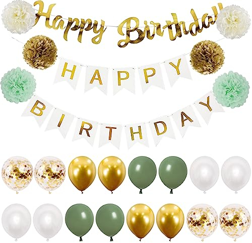 Happy Birthday Weiß Gold Geburtstag Deko Luftballons Grün Gold Geburtstagdeko Seidenpapier Pompons für Geburtstag Dekoration Mädchen Jungen