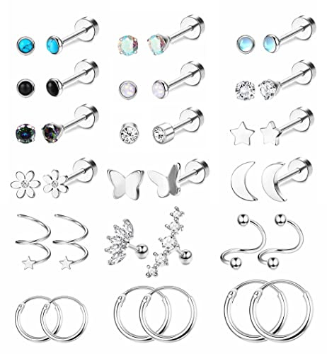 FIOROYAL 36 Piezas Pendientes Acero Quirúrgico Mujer Cartílago Hélice Studs Aros Set Hipoalergénico Estrella Luna CZ Pequeños para Niñas Tragus Oreja Piercing Joyería Plata