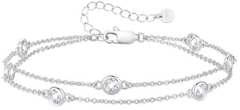 LOUISA SECRET Damen Armband Layered mit Geburtsstein Anhängern Doppelt Kette für Frauen Mädchen 925 Sterling Silber Armbänder, Geburtstag Jahrestag Weihnachten Geschenk für Sie Frauen Freundin Mutter
