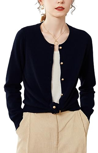 DISSA Gilet Cachemire Femme Col Rond Noir Solide Couleur Tricoté Mince Manches Longues Fin Cardigan en Cachemire et Laine,38,SPR2249