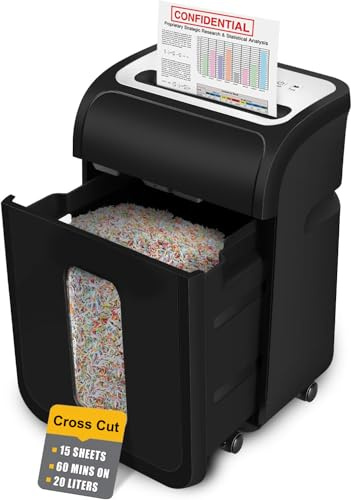 VidaTeco Cross-Cut Paper Shredder for Home Office, Heavy Duty 60-Minute 15-Sheet Shreds Paper/Credit Card Office Shredder, Security Level P-4 Jam Proof System 20L Pullout Bin with 4 Casters