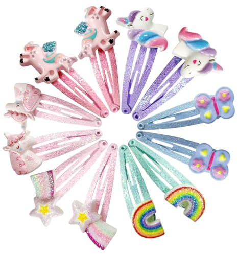 12 Stück Haarspangen Einhorn, Haarreifen Glitzer, Cartoon Clips für Mädchen und Kinder, Niedliche Haarspangen für Geburtstag, Haar Accessoire