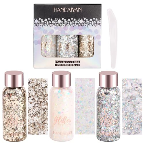 RISVOWO Paillette Cheveux, Lot de 3 Gel Paillette Cheveux, Paillettes Visage, Paillettes Applicable à le Visage, Cheveux, Lèvres, Ongles, Fête de Vacances (Argent, Rr, Blanc)