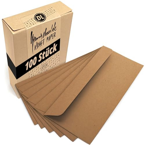Japun – Briefumschläge (100 Stück) aus vintage Kraftpapier, Kuvert, Umschlag ohne Fenster - DIN lang - 220 x 110 mm - dunkelbraun