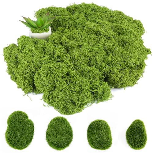 RISF 150g Kunstmoos zum Dekorieren und 4 Stück Kugel Moos, Dunkelgrün Kunst Moos Deko, Künstliches Moos zum Basteln für Blumenarrangements, Garten, Terrarien Und Basteleien