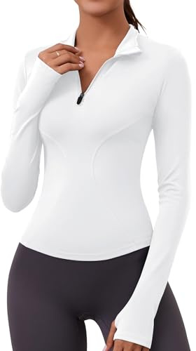 Rapbin T-Shirt Femme Sport à Manche Longues Tops 1/4 Fermeture Éclair Fitness Running Yoga Tee Shirt Blanc M