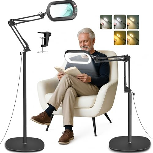 IVMAIE Lupa de 10 aumentos con luz y soporte, lámpara de pie 3 en 1 con abrazadera, 5 modos de color, LED regulable, lupa de pie con luz manos libres para trabajos cercanos, costura, pintura, lectura