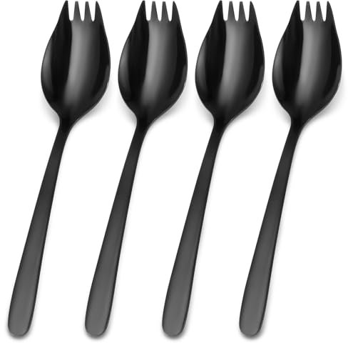 4 Stück Spork Göffel Edelstahl Lange Schwarz Löffel Salatbesteck Edelstahl Suppenlöffel Menügabel Multifunktionslöffel Wiederverwendbarer 2-in-1-Löffel aus Metall für Camping Zu Hause und auf Reisen